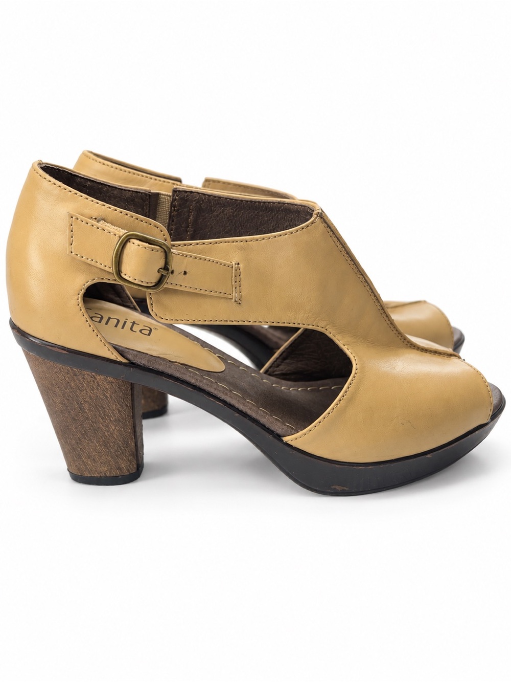 Sanita Beige Leather Open-Peep Toe Buckle Heels